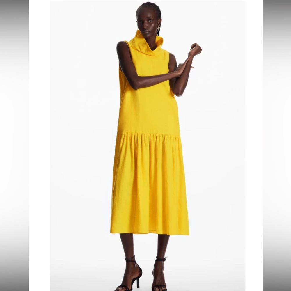 COS Yellow Sleeveless Midi Dress with Cowl Neck